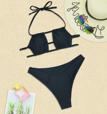 The Tidal — Black Sculpted Halter Bikini Set by Siren's Boutique